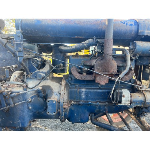 145 - Fordson E27N petrol/TVO tractor, high top gear model. Driven into place. Fitted with hydraulics, PTO... 