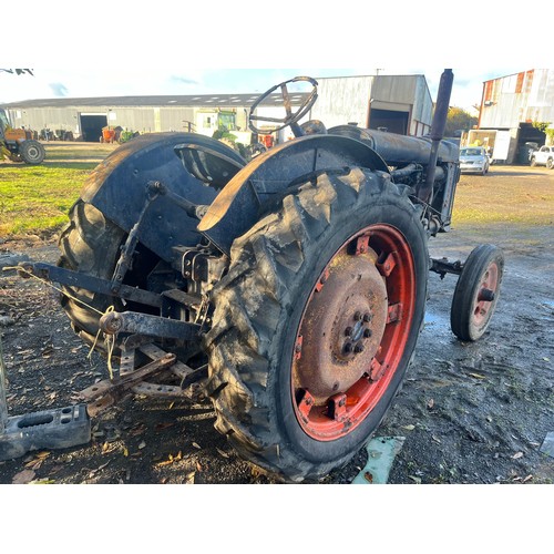 145 - Fordson E27N petrol/TVO tractor, high top gear model. Driven into place. Fitted with hydraulics, PTO... 