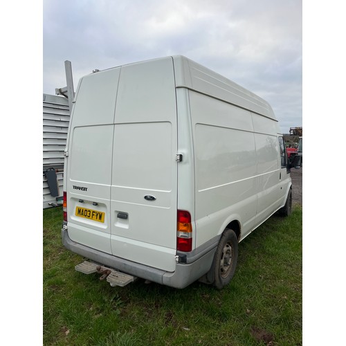 1820B - Ford Transit LWB high top. Runs and drives. MOT until 25/04/25. Reg. MA03 FYW. V5 and key in office