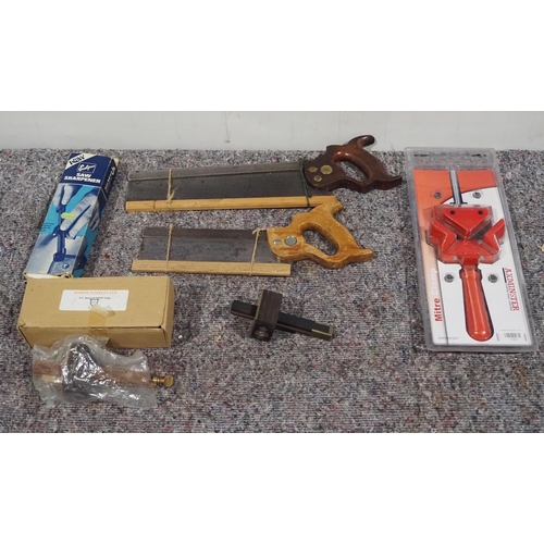 420 - Marples mortice gauge, Henry Disston tenon saws, mitre clamp and saw sharpener