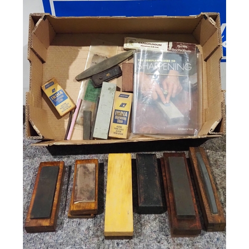 566 - Sharpening oil wet stones, strop, other sharpening stones and American reference book