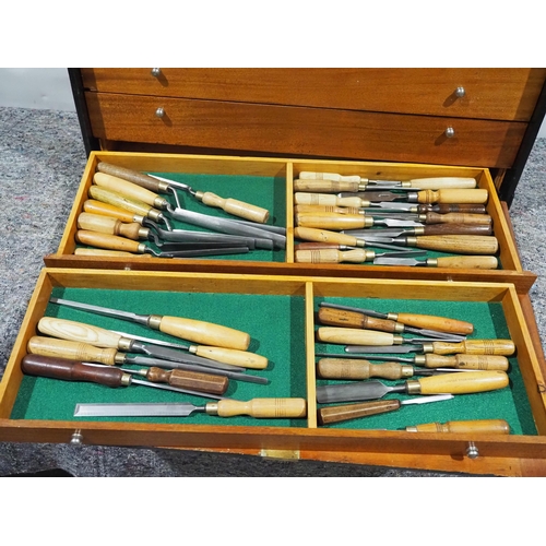 631 - Pattern makers/carpenters 8 drawer toolbox and tools to include Sorby chisels, Stanley No.4 and Stan... 