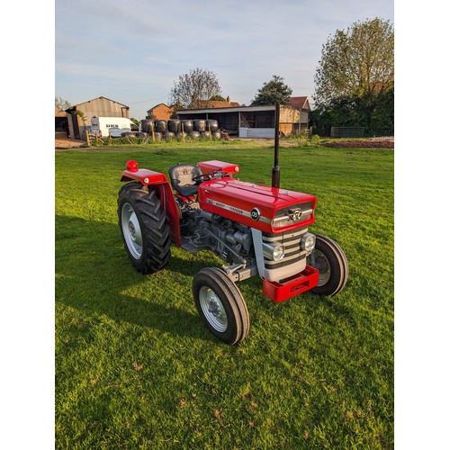 Massey Ferguson 135 tractor. 1974 Fully restored in 2024, full hydraulic top cover rebuild, new link arms and mounting pins. Deluxe seat, new tinwork, new crown wheel, pinion, front axle and spindles. Factory power steering rebuilt, working diff lock, long PTO. New brake and clutch pedal shafts, new shaft bushes and new wheels with Goodyear diamond tyres. Working lights and horn, new battery, water pump, radiator and trumpet seals. Registered on original plate. Sold from S Luckes & Son new, 2 owners. Original and new logbook