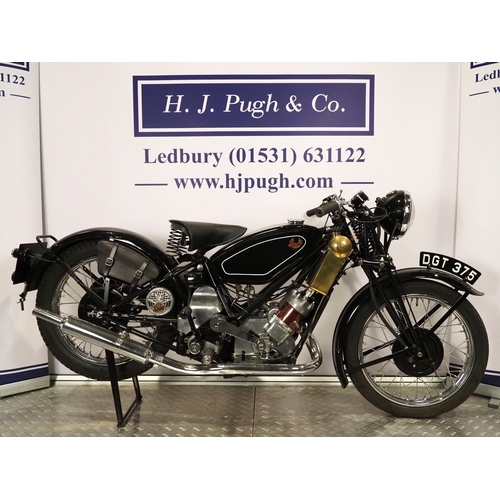 Scott Flying Squirrel motorcycle. 596cc. 1936
Frame No. 4293
Engine No. DPY4349
Has undergone a complete nut and bolt restoration to include engine rebuild. Was last running back in 2011 so will need some recommissioning. 
Comes with photos and the story of its rebuild.
Reg. DGT 375. V5. Buff log book. No key