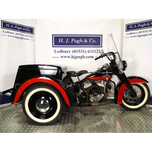 Harley Davidson 45 CID Servi car trike. 1959. 750cc
Frame No. 59G 1110
Engine No. 59G 1110
Engine turns over with good compression. Fitted with hydra glide front forks. 
Canadian import.
Comes with NOVA document.
No docs. No key