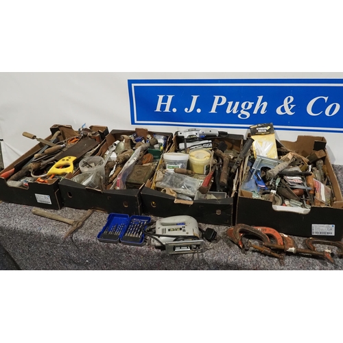 754 - Assorted hand tools, clamps, power tools, fixings etc