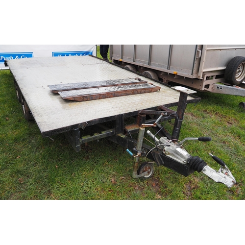 1738 - Beaver tail 14ft tandem axle trailer with ramps.  C/w winch. Remote control in office