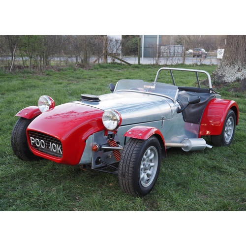 Locust 7 kit car. 1600cc
Runs and drives. MOT expired on 12/06/24. Built by the current owner between 1997 and 1998 as a Lotus 7 replica. It features a 1971 Ford Escort 1600 Sport engine, gearbox and rear axle with ladder chassis clad in marine ply and aluminium.
MOT and tax exempt, currently on SORN. Drove to the saleroom although has a slight fuel leak on the carburettor. Comes with tonneau cover, wet weather gear, screen and folder full of information detailing the build, old MOT's and invoices.
Reg. POO 510K. V5 and key