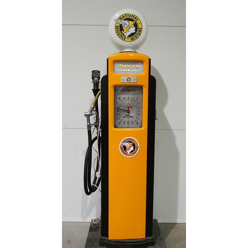 Bennetts 373 petrol pump with hose and nozzle, restored with reproduction National Benzole globe and signs