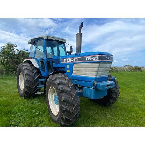 Ford TW-35 tractor. 1988. Believed to be originally from France then bought back by Bowland tractor. From an arable farm in Limoges area and sold new and serviced by Lathiere Ford tractor dealers. Now has UK age related V5. Full service by Bowland Tractors. New front tyres and front LED lights. New hydraulic pump and new pins in hydraulic arms, so no wear. The dash has been sent to Dave King electronics to be serviced and also got a new serviced steering unit. Comes with belly weights and rear weights. Dual power and brakes in working order. The air con needs a service and handbrake needs attention but has got an additional park brake on gearbox. Other than that everything works as it should. Reg. D327 UUJ. V5
