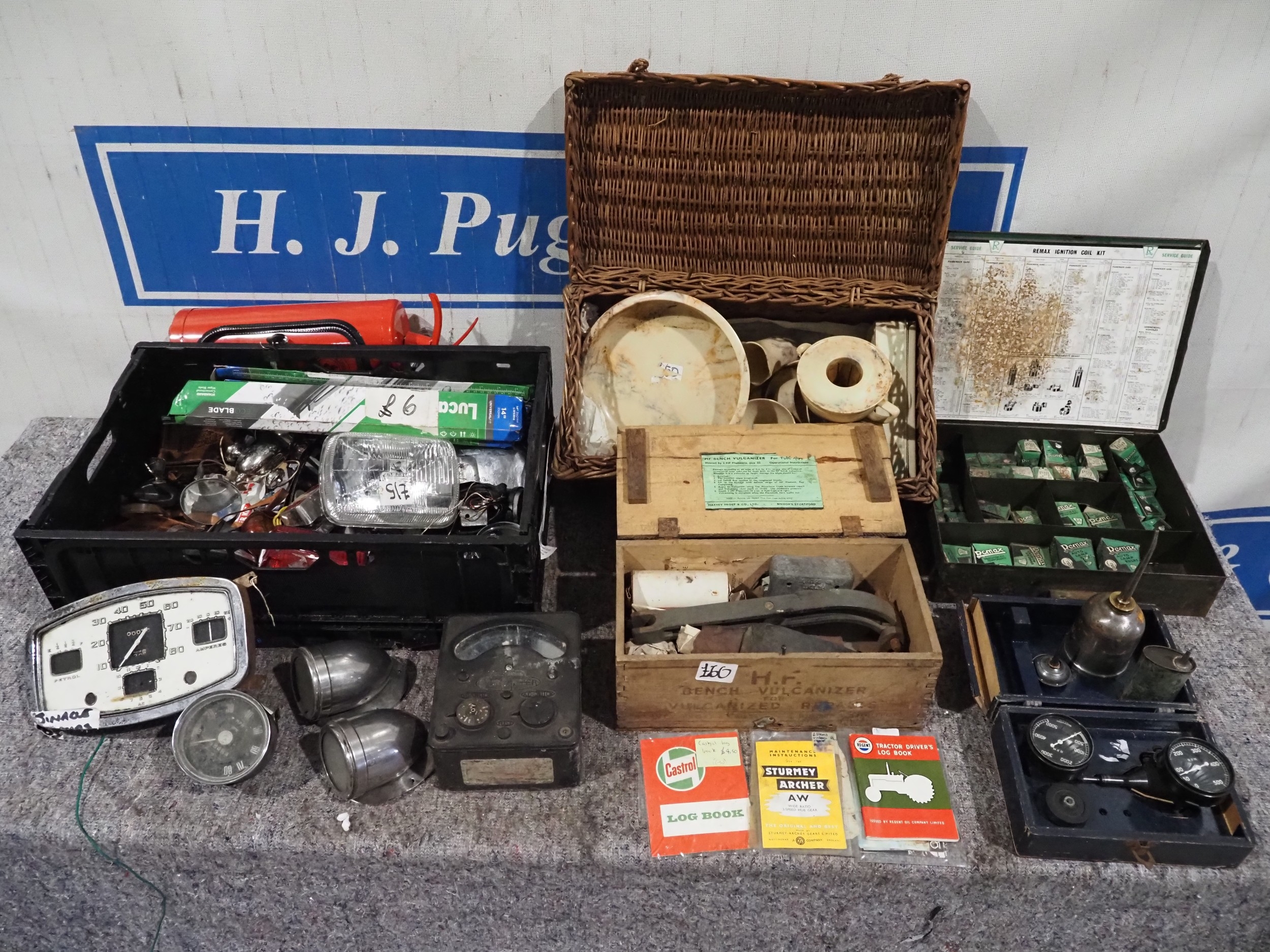 Remax ignition display case, bench vulcanizer, assorted car parts ...