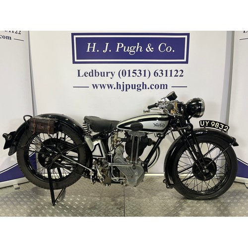 Norton Model 18 motorcycle. 1931. 490cc
Frame No. V5 states 44120
Engine No. 50914
Engine turns over with compression. Fitted with a Cooper Stewart No.42 0-75mph speedo. Comes with the original bill of sale from 1931 where the bike was purchased from W.Bell in Blackheath, Birmingham. Also comes with the original buff log book.
Reg. UY 9832. V5. No key