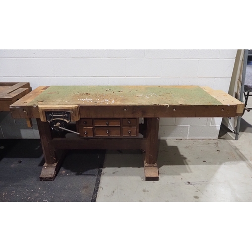 Wooden work bench 10ft with Record vice and contents