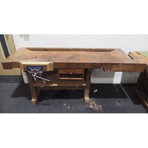 Wooden work bench with Record No.52 vice and contents