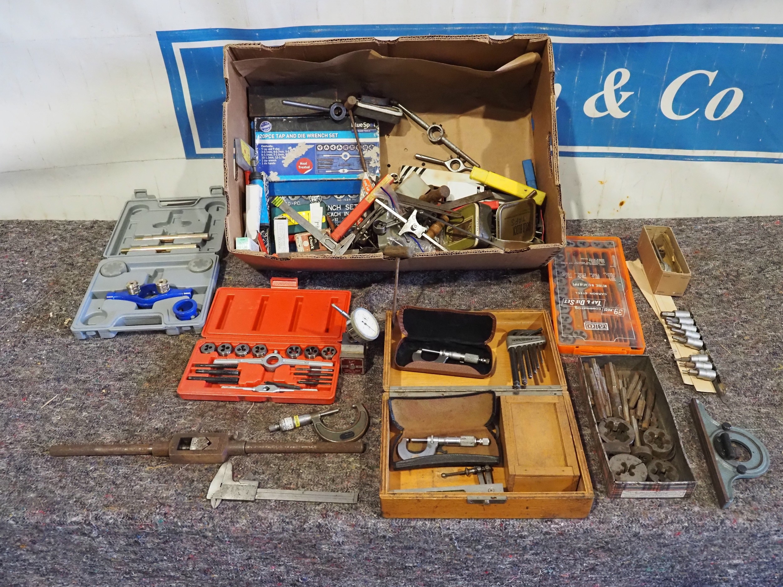 Assorted engineering tools to include taps and dies, micrometers, allen ...