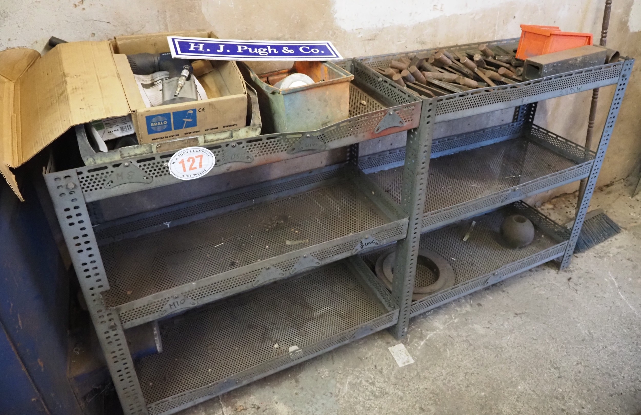 Metal racking with various tooling to include Bralo MB718 pneumatic pot ...