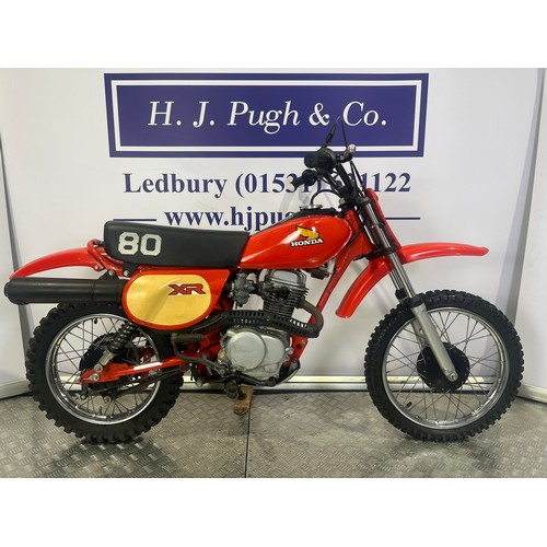 43 - Honda XR80 motocross bike. 1982. 80cc
Frame No. JH2NC0106CKS01584
Engine No. HE01E-5301558
Engine tu... 
