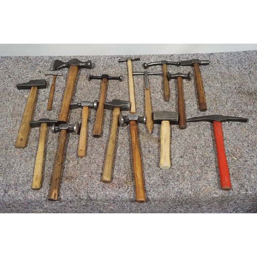 Assorted hammers, panel beating, leatherwork, etc.
