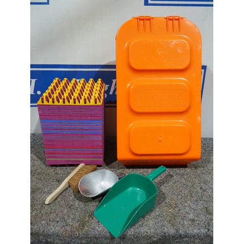 Stackable eggs trays, unused Footcheck boot dip and feed scoops