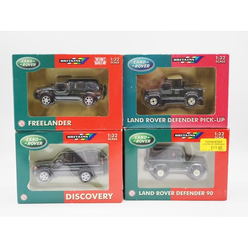146 - Britains 1:32 scale boxed model Land Rover Freelander, Discovery, Defender 90 and Defender pick up