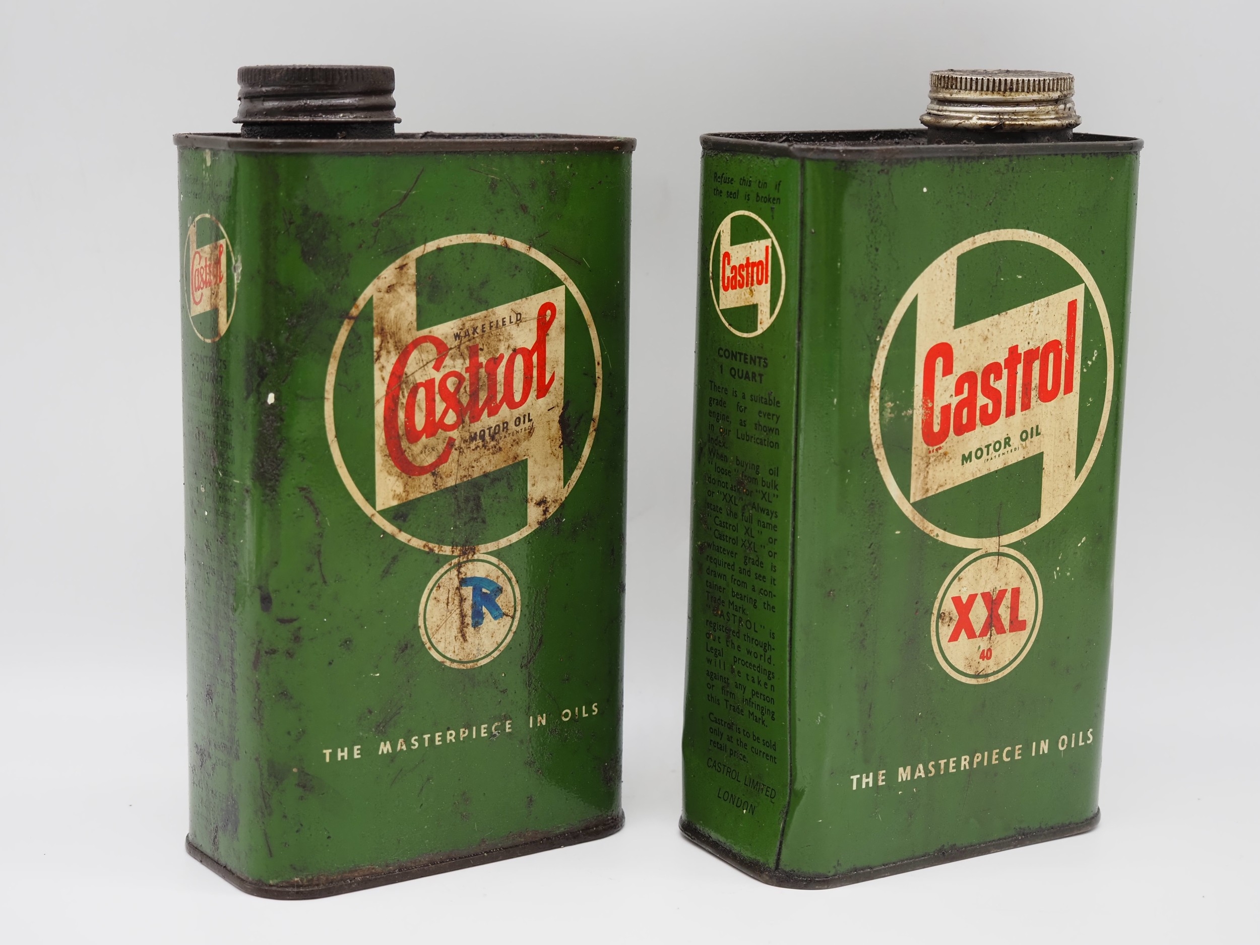 Wakefield Castrol R and Castrol XXL 1 quart oil cans