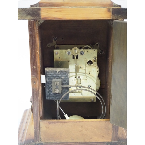 59 - Oak letter box with glazed front and antique wood and brass face mantel clock 16