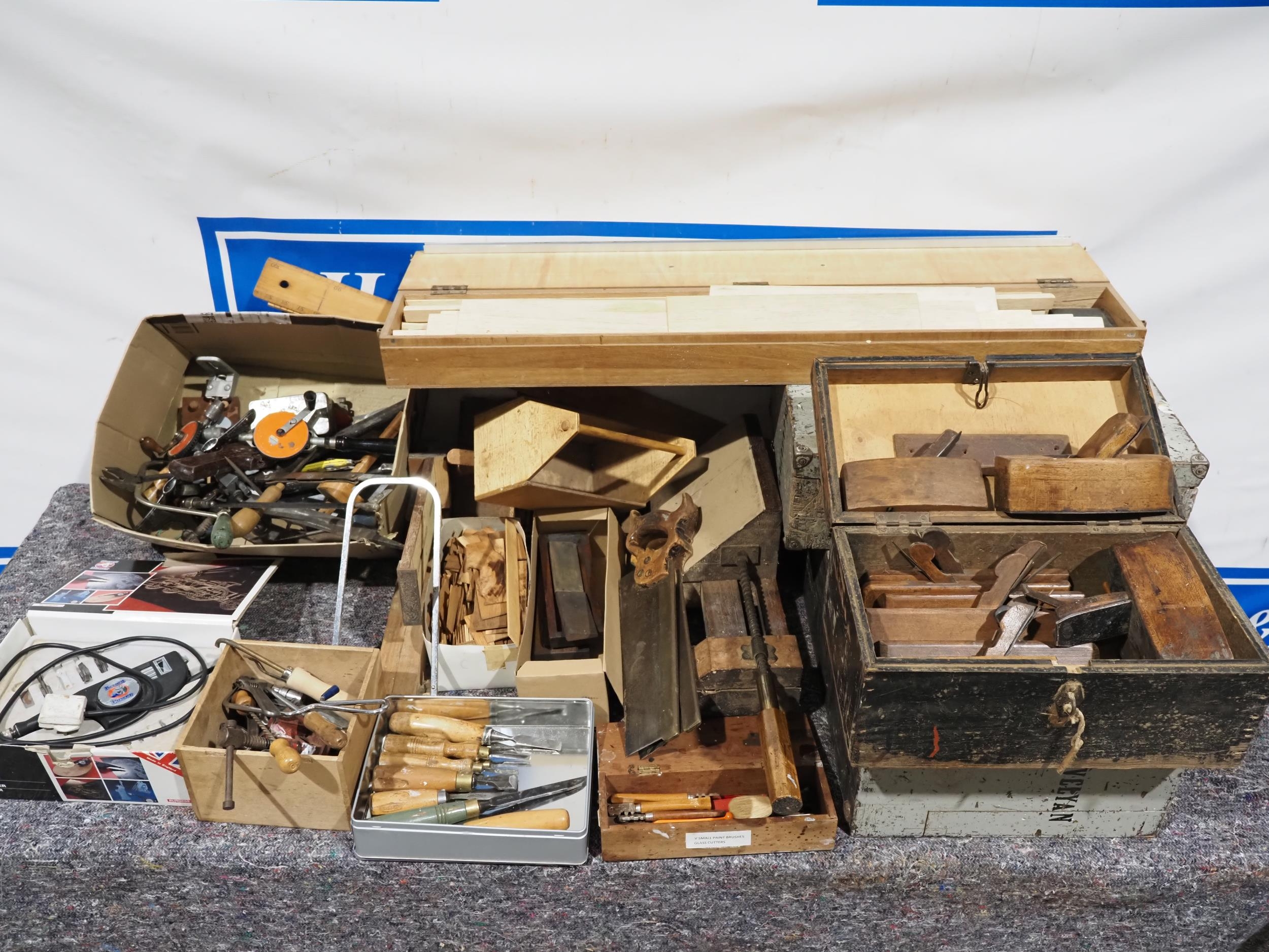 Record Power engraver, wooden tool boxes, assorted hand tools and Balsa ...