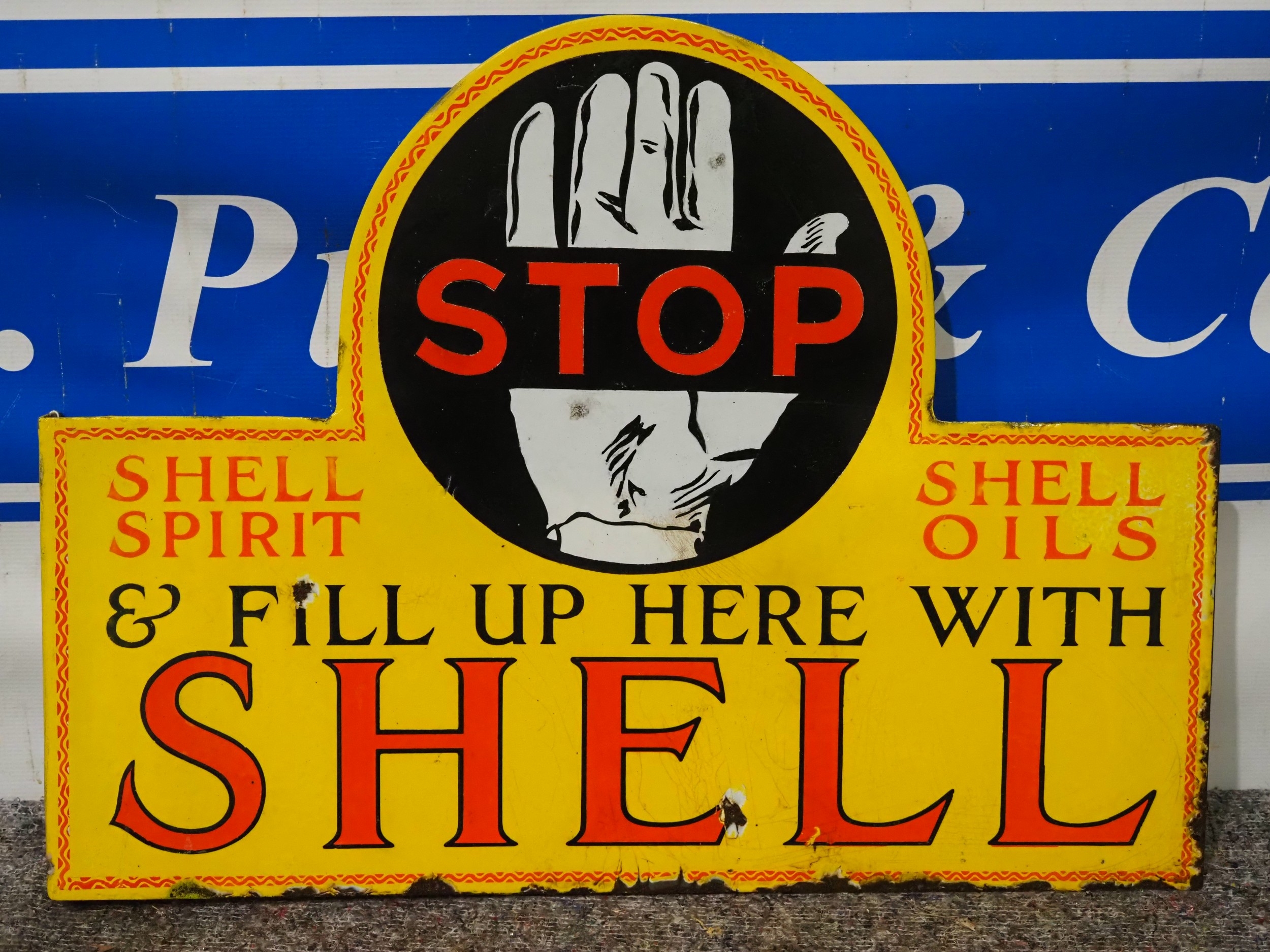Double sided post mounted enamel sign - Shell Stop 18