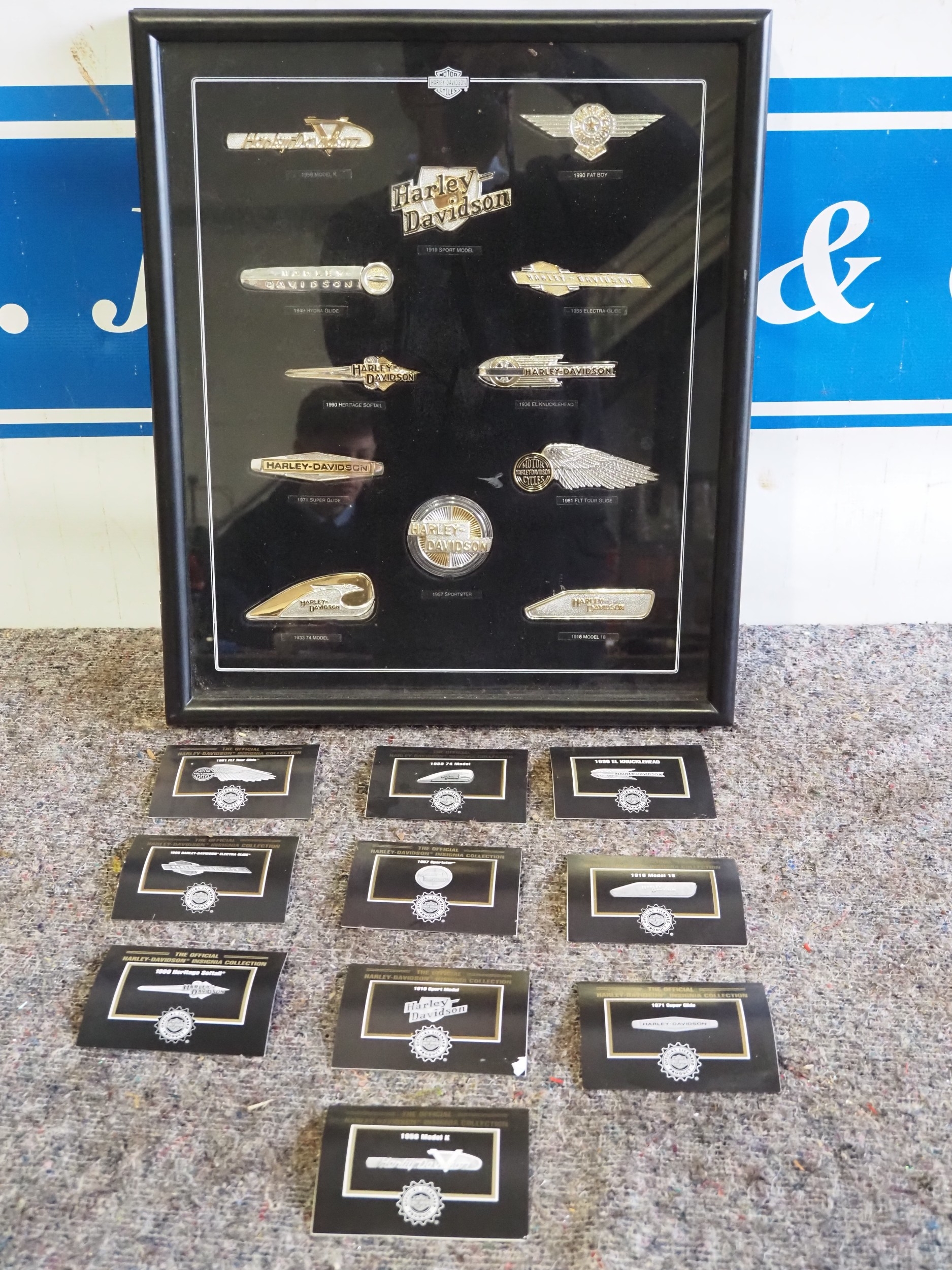 Franklyn Mint Harley Davidson silver tank emblems in display case with ...