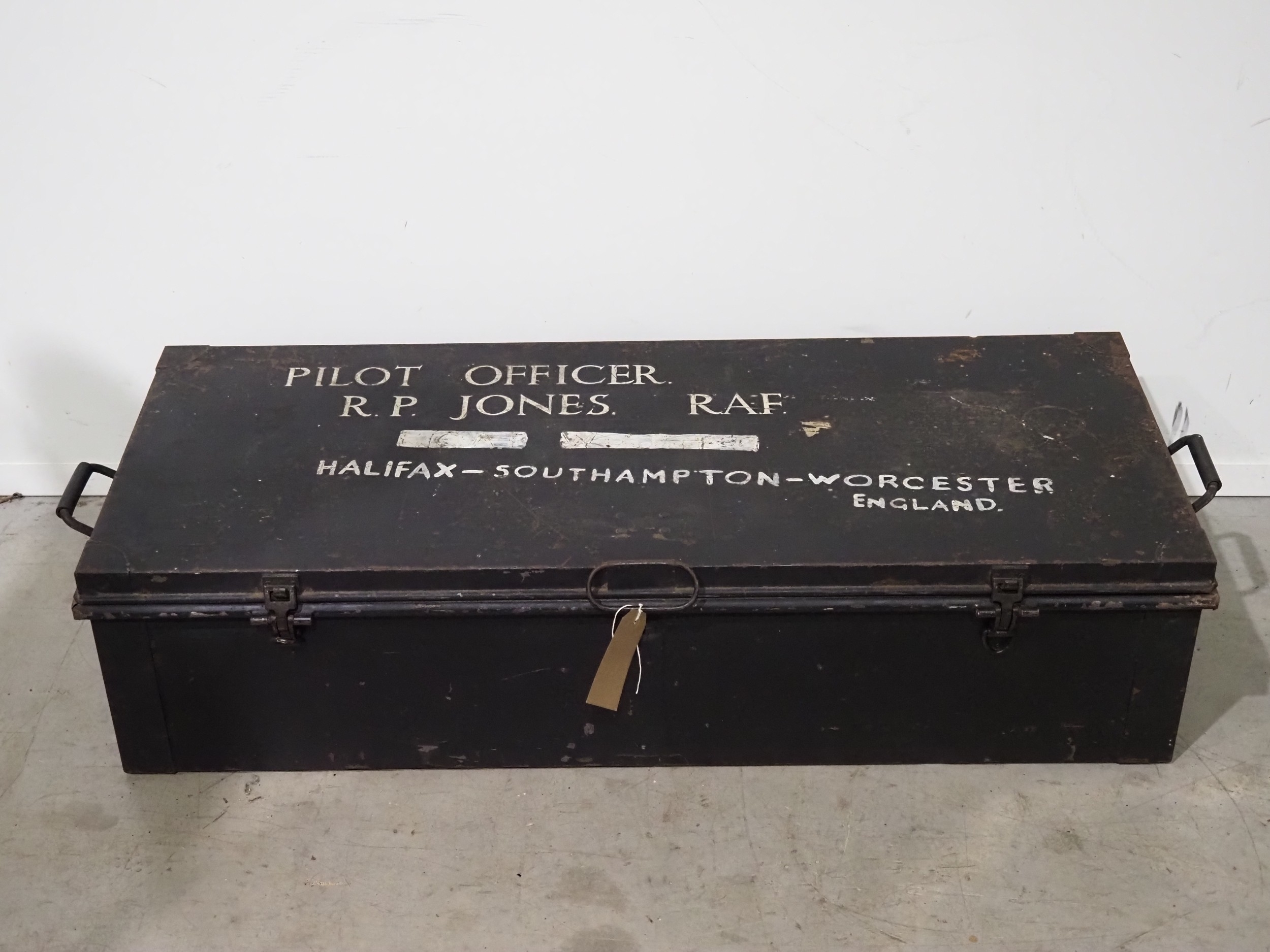 Original RAF Pilot Officer R P Jones metal uniform trunk