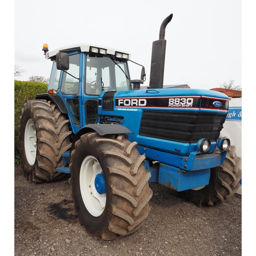 Ford 8830 Powershift tractor. Runs and drives. Fitted with good tyres. Showing 6330 hours. Been barn stored for 10 years. Reg. K197 VCC. V5 in office. Key in office