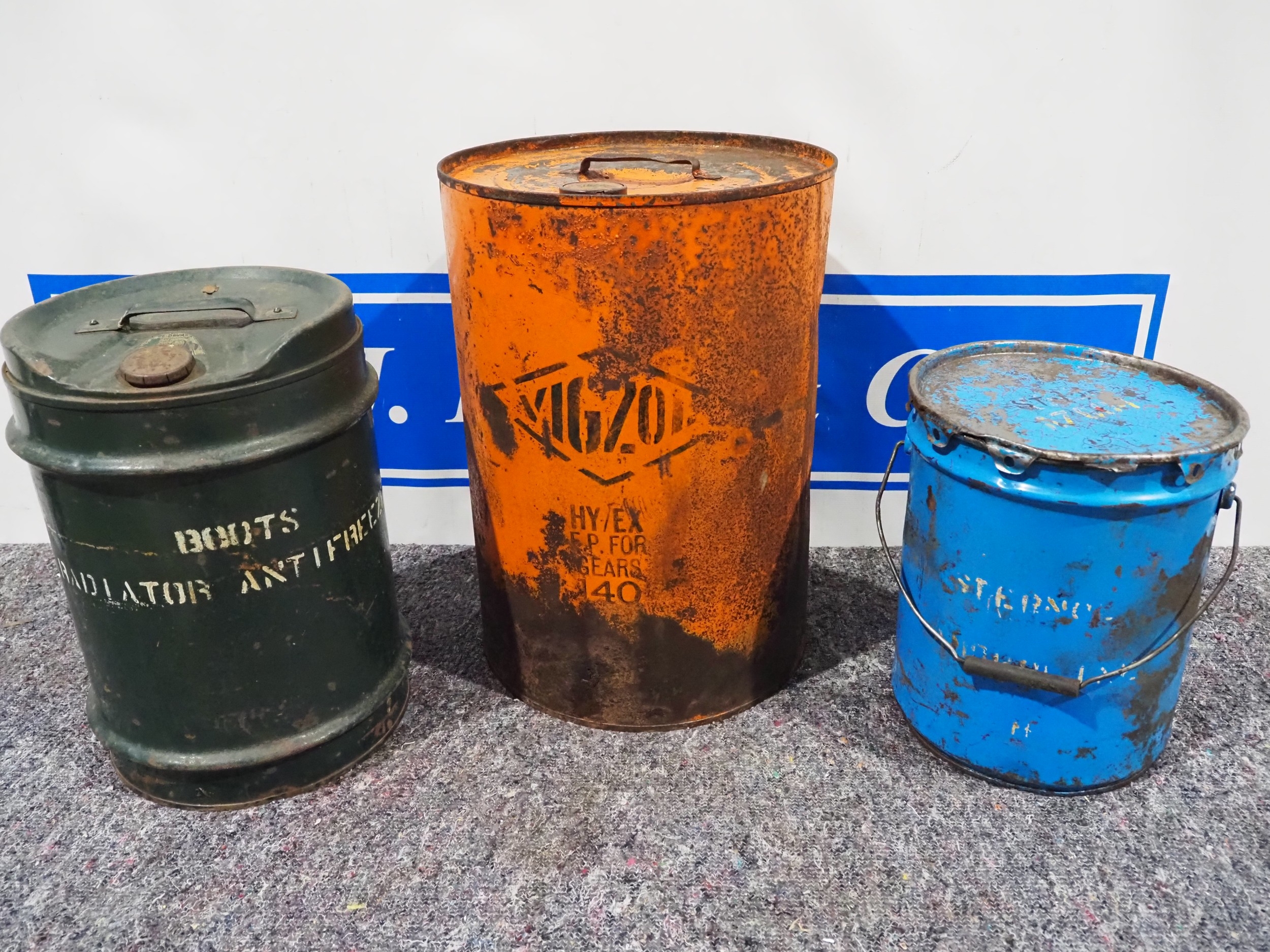Vigzol oil can, Sternol grease bucket and Boots anti-freeze tin