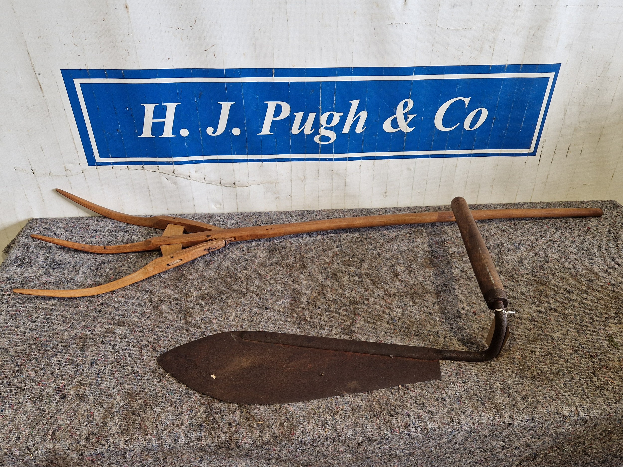 Wooden hay fork and hay knife