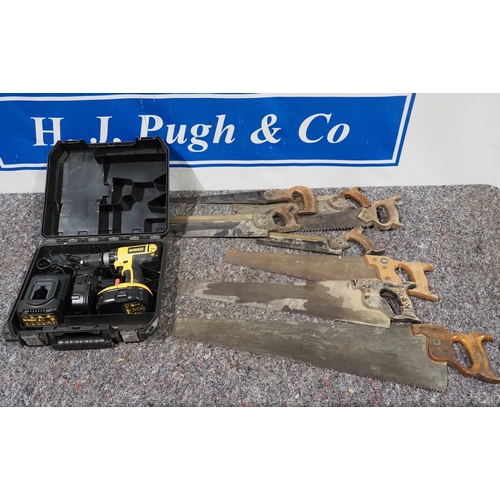 247 - Hand saws to include Preston and Howarth and DeWalt cordless drill