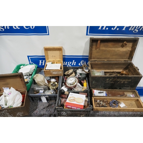 254 - Assorted hand tools, clock parts, wooden chest, workshop accessories, etc.