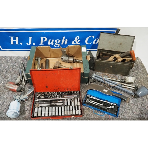 Hand/air tools, premier socket set, Brades billhook, Brades draw knife etc