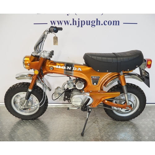 11 - Honda CT70 trails bike. 1970. 72cc
Frame No. CT70-209156
Engine No. CT70E209020
Engine turns over wi... 