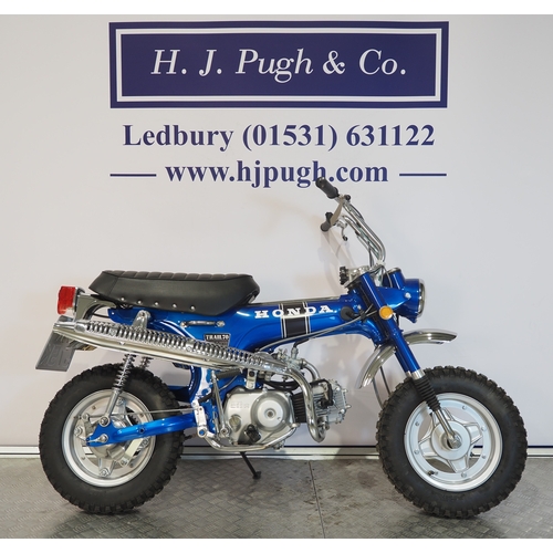 12 - Honda CT70 trails bike. 1971. 72cc
Frame No. CT70-285216
Engine No. CT70E285000
Engine turns over wi... 