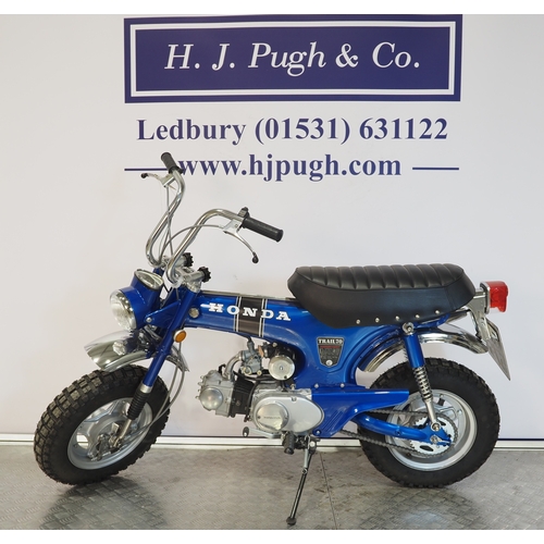 12 - Honda CT70 trails bike. 1971. 72cc
Frame No. CT70-285216
Engine No. CT70E285000
Engine turns over wi... 