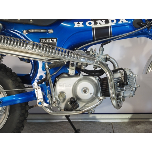 12 - Honda CT70 trails bike. 1971. 72cc
Frame No. CT70-285216
Engine No. CT70E285000
Engine turns over wi... 