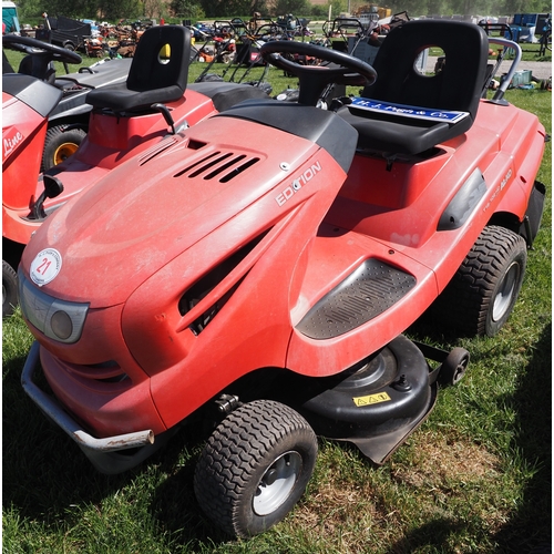 21 - Alko ride on mower. Runs and drives. Key in office