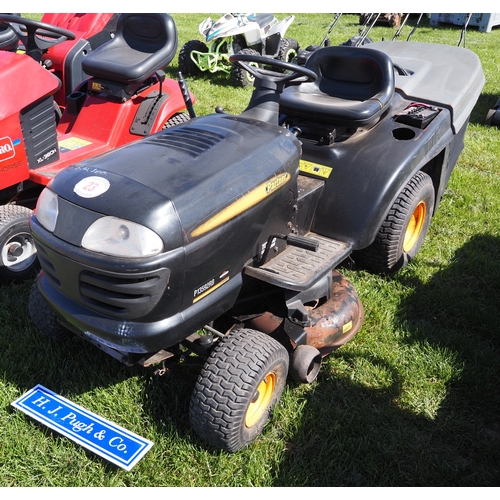 23 - Partner ride on mower. Runs and drives, new battery. Key in office