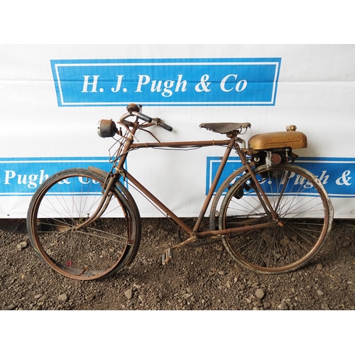 1030 - Vintage gents bicycle with Trojan engine, King of the Road lamp and AA badge