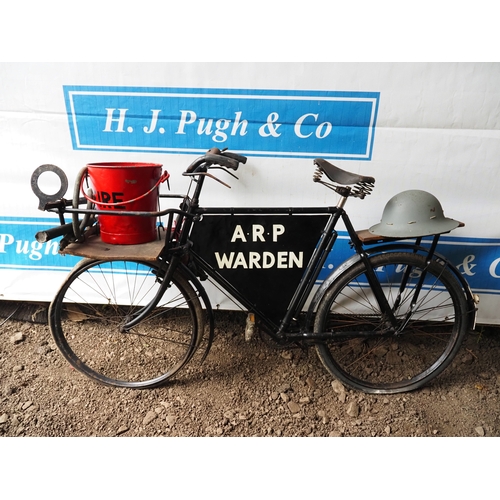 1039 - A.R.P Wardens bicycle with fire basket, helmet, pump and gas mask