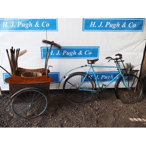 1033 - Vintage gents chimney sweep bicycle and wooden trailer