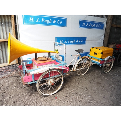 1054 - Vintage circus tricycle with Olympic seat. C/w gramophone and custom built trailer
