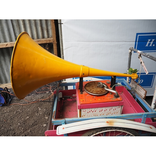 1054 - Vintage circus tricycle with Olympic seat. C/w gramophone and custom built trailer