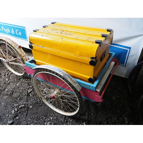 1054 - Vintage circus tricycle with Olympic seat. C/w gramophone and custom built trailer