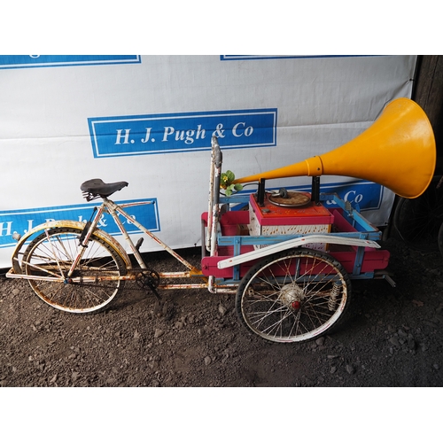 1054 - Vintage circus tricycle with Olympic seat. C/w gramophone and custom built trailer