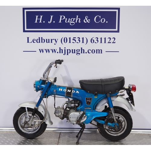 814 - Honda ST70 motorcycle. 1975. 72cc
Frame No. ST70-148344
Engine No. ST70E-141707
Engine turns over wi... 